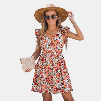 Women's Floral V-Neck Ruffled Sleeves Mini Dress - Cupshe