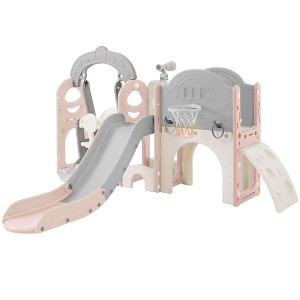 Toddler Slide and Swing Set 7 in 1, Kids Playground Climber Slide Playset with Basketball Hoop,Tunnel for Babies Indoor & Outdoor,pink and grey - 1 of 4
