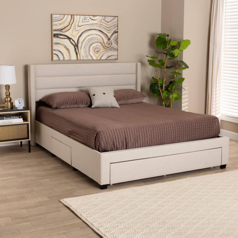 Photos - Bed Full Braylon Fabric and Wood 3 Drawer Platform Storage  Beige/Dark Brow