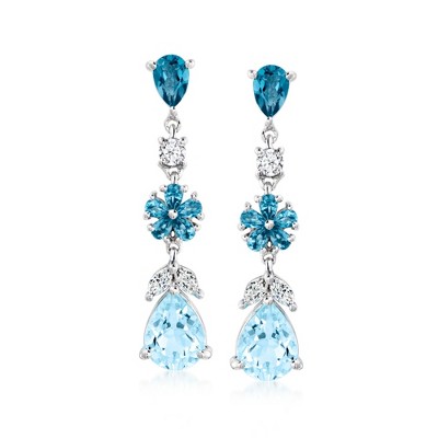 Ross-Simons 5.50 ct. t.w. Sky and London Blue Topaz Floral Drop Earrings With .50 ct. t.w. Lab-Grown Diamonds in Sterling Silver
