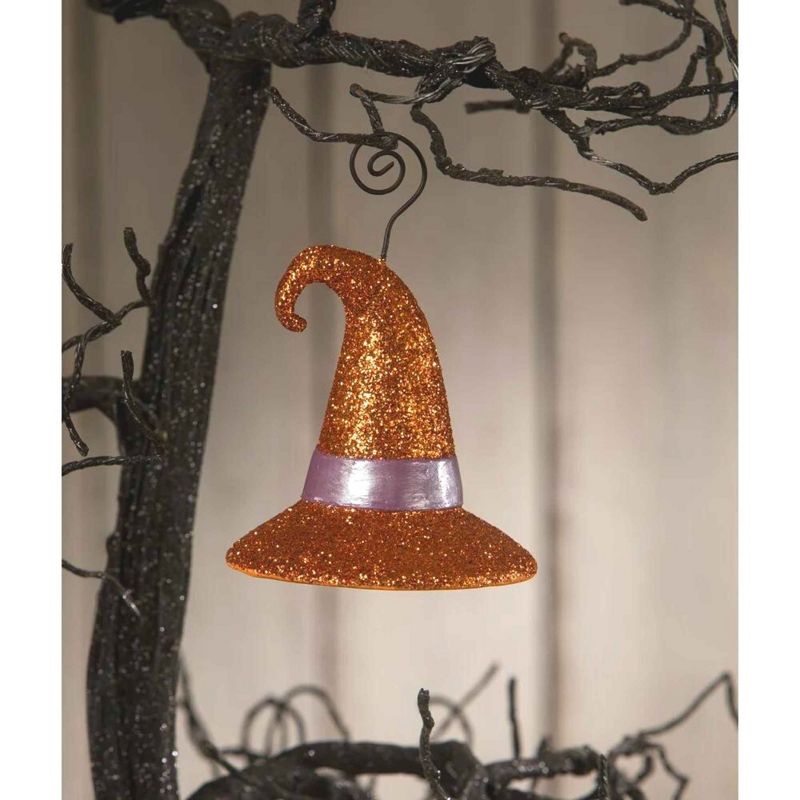Bethany Lowe 4.5 Inch Witch Hat Orange Glitter Halloween Place Card Holder Tree Ornaments, 2 of 4