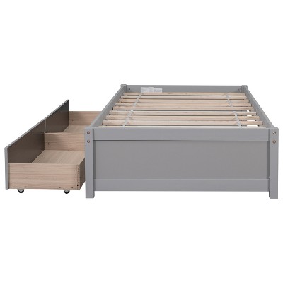 VYNXARIA Twin Size Solid Wood Bed with 2 Drawers, No Headboard, No Box Spring Needed£¬in Gray