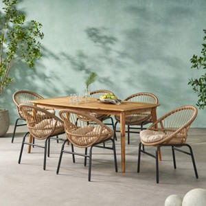 Christopher Knight Home Marten Wicker and Acacia Wood Outdoor 7 Piece Dining Set with Cushions, Beige/Teak - 1 of 4