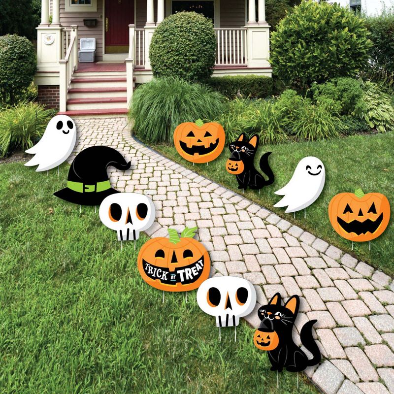 Big Dot of Happiness Jack-O'-Lantern Halloween - Black Cat Ghost Skull & Witch Hat Lawn Decor - Outdoor Kids Halloween Party Yard Decorations - 10 Pc, 1 of 11