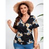 Women's Plus Size Shirt V Neck Pleated Blouse Short Sleeve Tunic Floral Top - 2 of 4