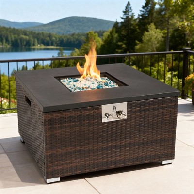 40,000 BTU Propane Gas Fire Pit Table, Square Dark Brown Rattan Wicker Firepit with Glass Rocks, Outdoor Patio Gas Table for Deck, Garden
