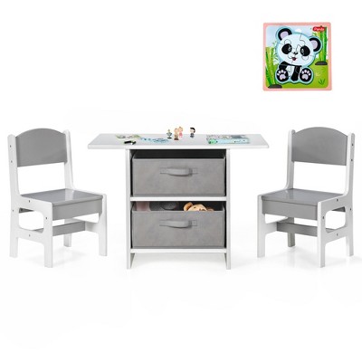 Babyjoy Kids Art Play Wood Table and 2 Chairs Set w/ Storage Baskets Puzzle