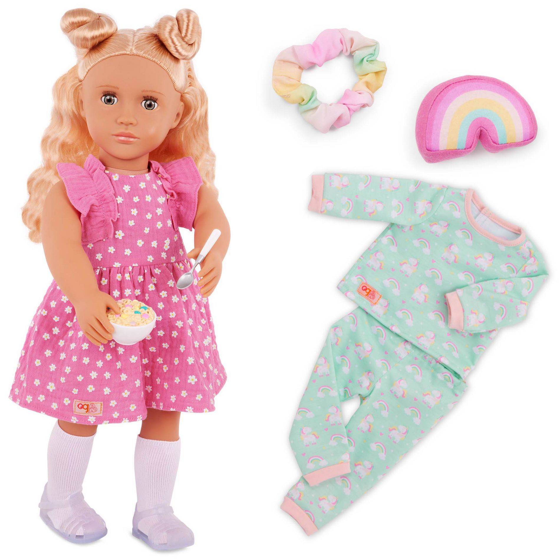Our Generation Gillian 18" Doll with Pink Dress & Rainbow Pajama Outfit
