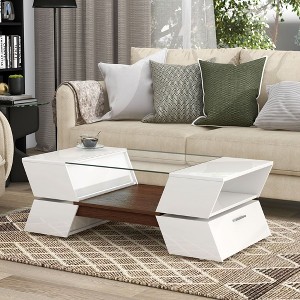 6mm Glass-Top Coffee Table with Open Shelves, Cabinets, Geometric Style, Great Storage, White [VIDEO] - 1 of 3