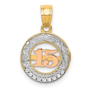Black Bow Jewelry 14k Two Tone Gold, White Rhodium & CZ Number 15 Circle Pendant, 12mm - 1 of 4