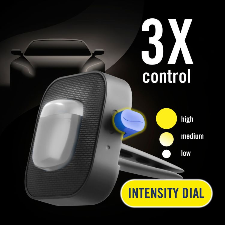 Car air freshener with a blue intensity dial, featuring "3X control" text and a diagram indicating high, medium, and low settings.