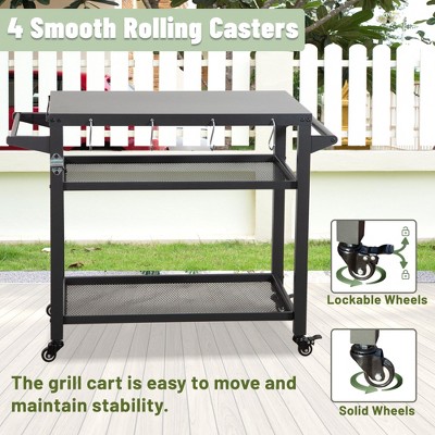 DOMETOUR 3-Shelf Outdoor Grill Cart Table with Wheels, Pizza Oven & Food Prep Table, Blackstone Griddle Stand with Propane Tank Hook