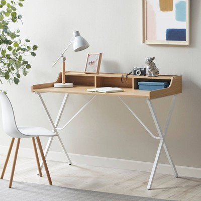 Blonde Wood and White Metal Writing Desk with Storage