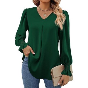 Coolmee Women's Long Puff Sleeve Tops Dressy Casual V Neck Tunic Shirts Loose Chiffon Work Blouse - 1 of 4