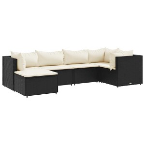 vidaXL Patio Lounge Set with Cushions Sectional Sofa Garden Backyard Poly Rattan - Black and Cream 3x Corner 2x Middle Footrest - 1 of 4
