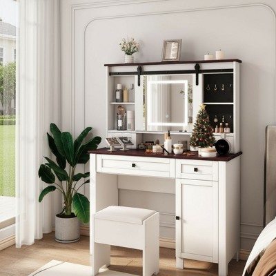 FONTOI 41.7"W Makeup Vanity Table Desk with Mirror and Lights 4 Drawers and 1 Cabinet for Bedroom Dressing Room, White, 41.73"*15.75"*55.12"