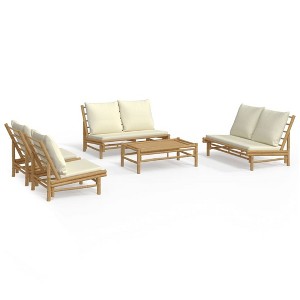 vidaXL 5 Piece Outdoor Patio Lounge Set - Natural Bamboo Finish - Cream White Cushions - Sofa, Chairs, and Coffee Table - Flexible Modular Design - 1 of 4