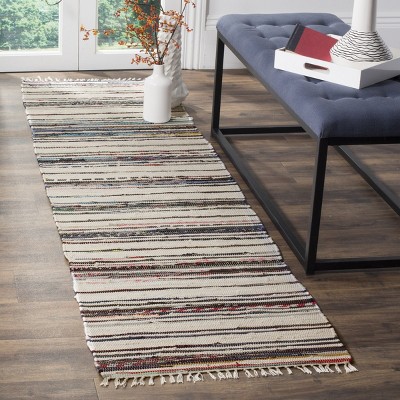Ivory and Charcoal Striped Wool Cotton Runner Rug
