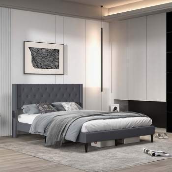 Costway Queen Size Upholstered Platform Bed with Button Tufted Wingback Headboard Grey