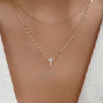 Clotth 925 Sterling Silver Double-Layered Pave Cross Pendant Necklace: The Ultimate Street Trendsetter's Statement for Women