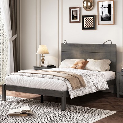 NicBex Vintage Farmhouse Full/Queen Platform Bed Frame with Wooden Headboard,Industrial Style Platform Bed with 2 Bedside Lights,Wood Slats Support