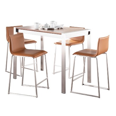 LumiSource 5pc Fuji Mara Counter Height Dining Set Stainless Steel Walnut