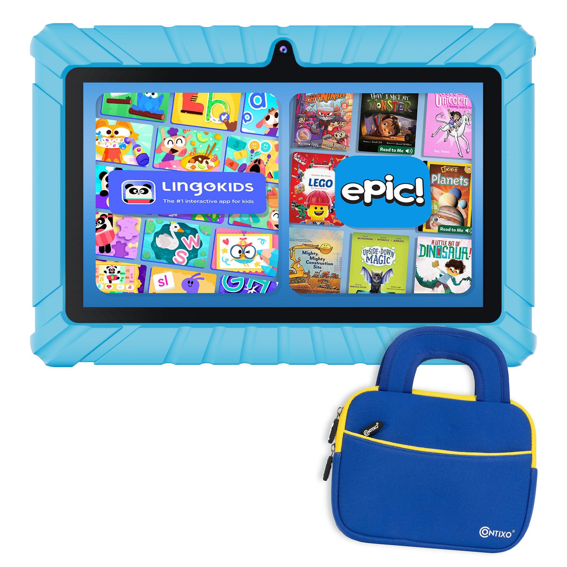 Contixo 7" Kids Tablet with Protective Sleeve Bag, 32GB Educational Android Tablet with Epic! & Lingokids, Kid-Proof Case for Kids Ages 3–12