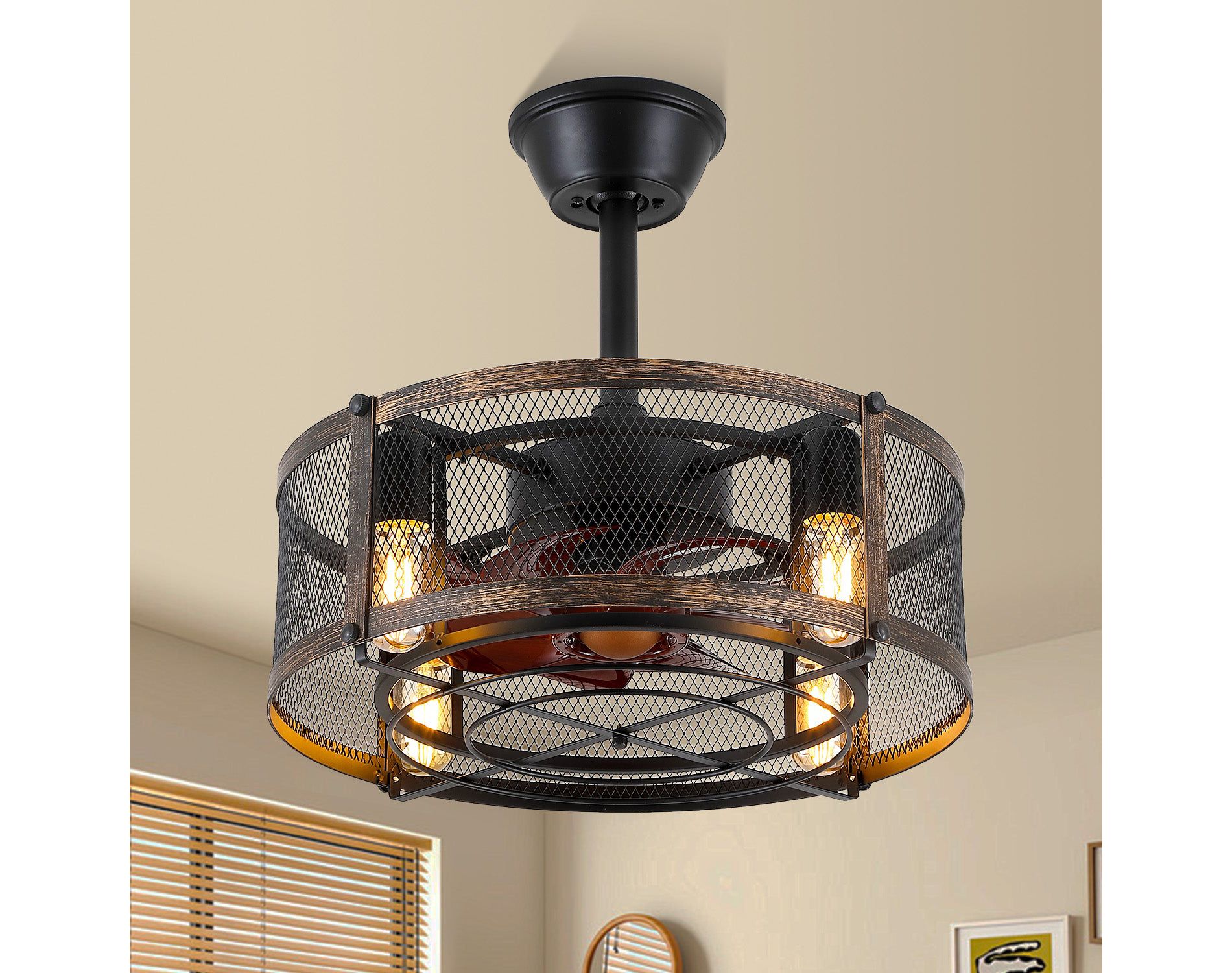 Kviflon 18 Inch Caged Ceiling Fan with Light,Reversible DC Motor,Remote Control for Timer Setting,6 Speed Wind,for Bedroom,Kitchen,Outdoors