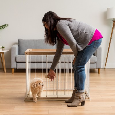 Medium Light Brown and White Metal Pet Playpen with Sliding Door