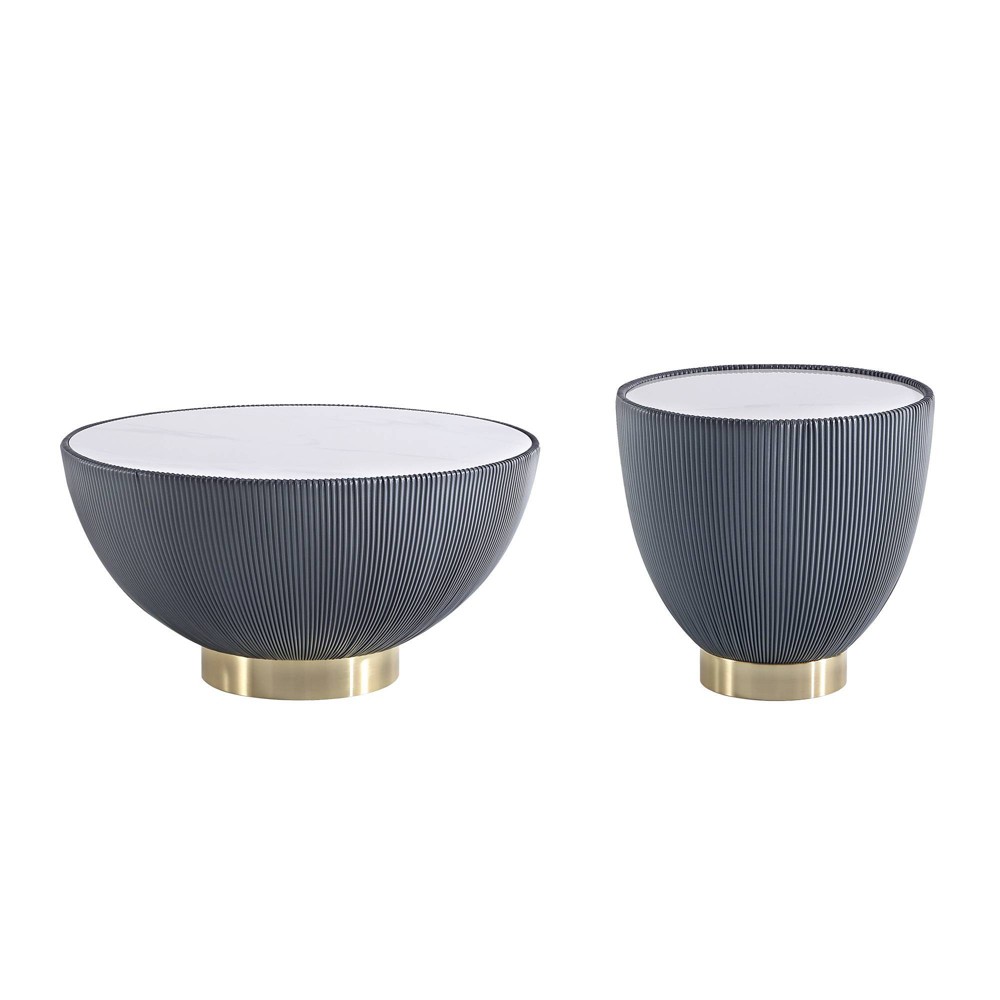 Manhattan Comfort 2pc Anderson Leatherette Upholstered Coffee Table and End Table Set Gray: Modern Round Faux Marble, No Assembly Required