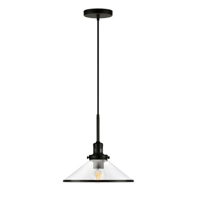 Hudson and Canal 12.25" Wide Pendant with Glass Shade Blackened Bronze/Clear: UL Listed, 60W, E26 Base, Adjustable Height