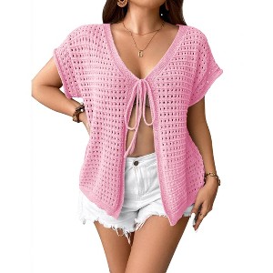 Cover Ups for Women Tie Front V Neck Summer Crochet Cardigan Oversized Cover Ups for Bikni Beach Outfits Cover Ups for Bathing Suits - 1 of 4