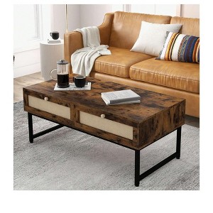 Black One Size   Rattan Coffee Table With 2 Drawers, 46 Inch Mid Century Modern Center Table With Metal Frame, Accent Wooden Small Media Table For H - 1 of 4