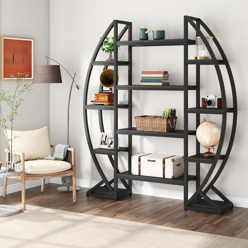 Tribesigns 55" Oval Bookshelf, Triple Wide 5 Tier Etagere Bookcase, Industrial Display Shelves for Living Room, 4 of 8