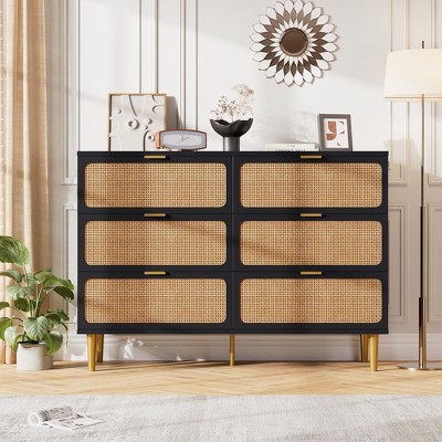 Rattan 5/6 Drawer Dresser for Bedroom, Large Double Dresser with Deep Drawers, Chest of Drawers for Closet with Wide Top