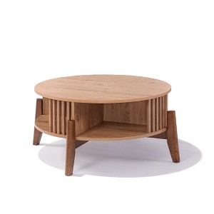 LuxenHome Round Coffee Table with Storage, 31.5" Oak Finish Manufactured Wood Accent Tables with Rubberwood Legs for Living Room, Home Brown - 1 of 4