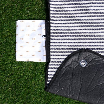 Navy and White Striped Waterproof Picnic Blanket with Leather Straps