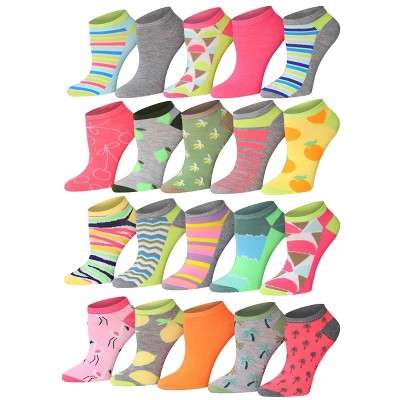 Tipi Toe Women's 20 Pairs Colorful Bright Colored Fruit Nature Geometric Patterned Low Cut/No Show Socks