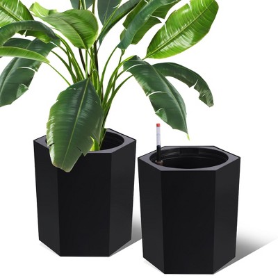 Hexagonal Planters Set of 2, Self Watering Pots for Indoor Plants with Water Level Monitor, Drainage Hole, Bottom Wheels, Outdoor Planter Pots