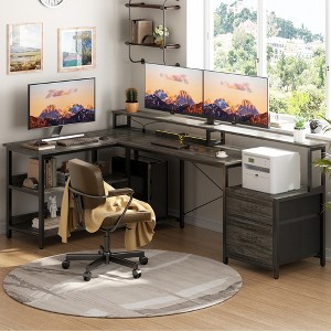 Aheaplus Home Office Desk with Charging Station, Reversible L-shaped Computer Desk with Drawers, LED Lights - 1 of 4