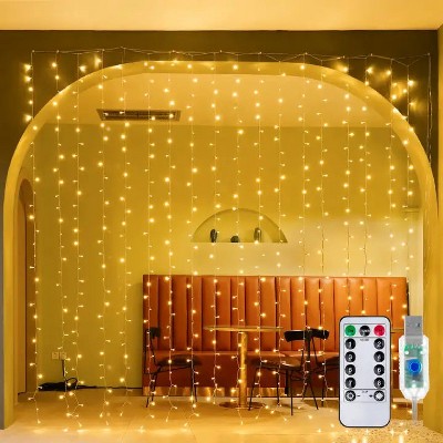 Ollny 300 LED 9.8ft*9.8ft Warm White Curtain Lights (Clear Cable, USB, 8 Modes, IP44 Waterproof)   9.8ft*9.8ft