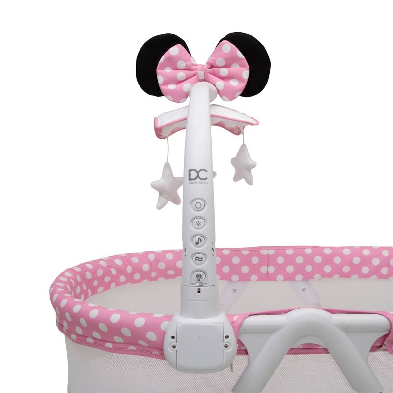 Delta Children Disney Minnie Mouse Bassinet with Rotating Mobile Arm, Vibration, Nightlight and Music - White/Pink, 5 of 9