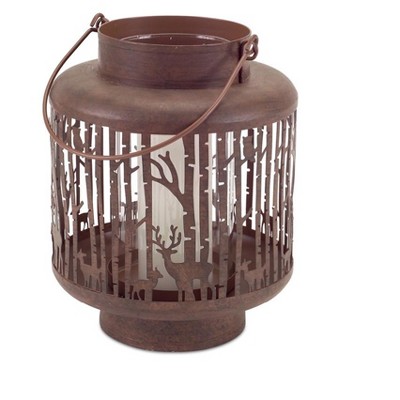 Melrose 7.5" Deer in Forest Scene Christmas Pillar Candle Holder Lantern - Brown