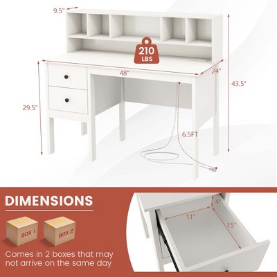 Costway Computer Desk 48" Writing Table w/ Power Outlets 5-Cubby Hutch 2 Storage Drawers White
