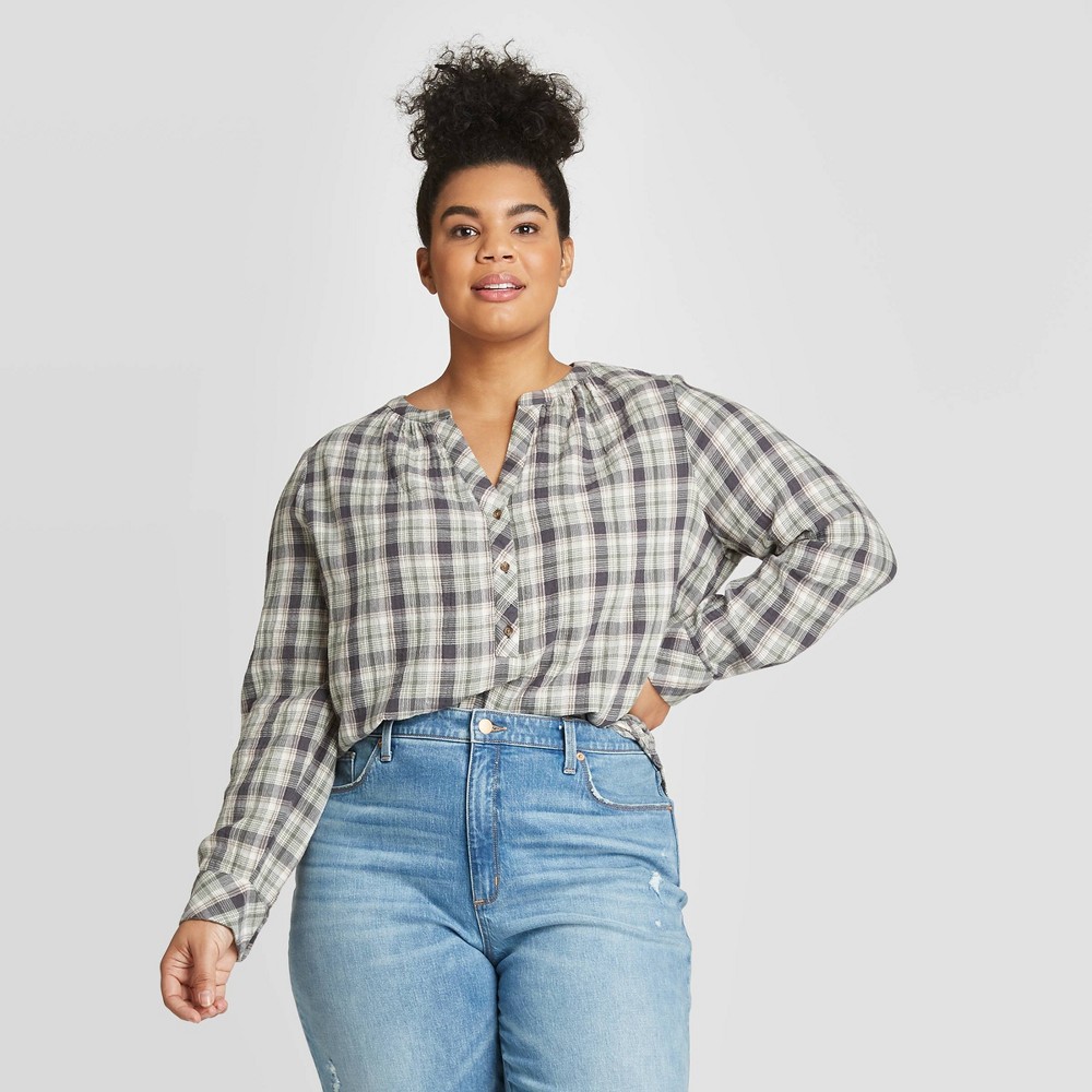 Women's Plus Size Striped Long Sleeve V-Neck Button-Front Tunic - Universal Thread Green 4X, Women's, Size: 4XL, Gray was $22.99 now $16.09 (30.0% off)