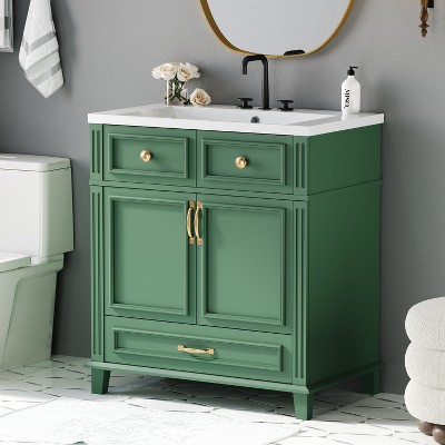 Whisen 30 in. Retro Style Bathroom Storage Cabinet Bathroom Vanity with Resin Sink and Soft Closing Doors