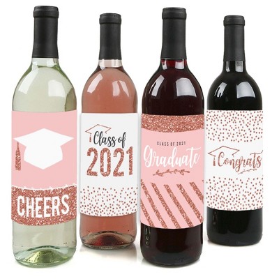 Big Dot of Happiness Rose Gold Grad - 2021 Graduation Party Decorations for Women and Men - Wine Bottle Label Stickers - Set of 4