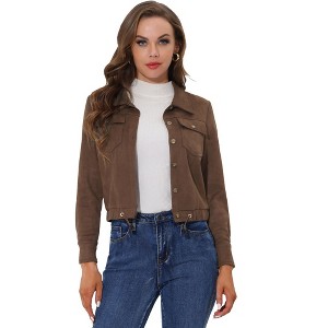 INSPIRE CHIC Women's Faux Suede Casual Spread Collar Button Up Biker Moto Jacket - 1 of 4