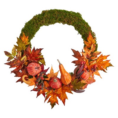 Nearly Natural 20” Autumn Pumpkin, Gourd and Fall Maple Leaf Artificial Wreath