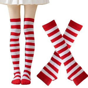 BABYYER Striped Thigh High Socks, Christmas Long Stockings, Leg Warmer and Long Fingerless Gloves Set for Holiday Decorations - 1 of 4
